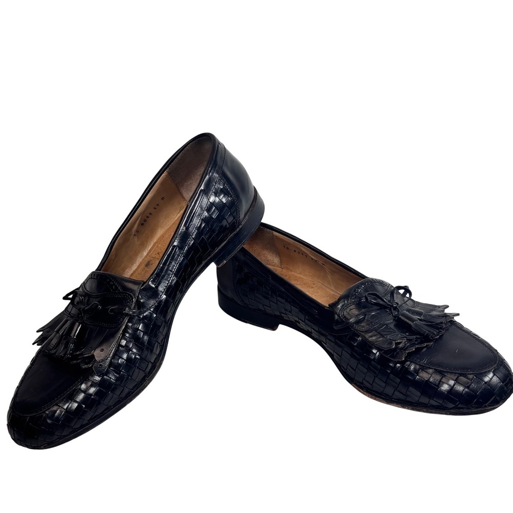 Vintage Johnston & Murphy Tassel Kiltie Loafers Black Woven Leather Office 11